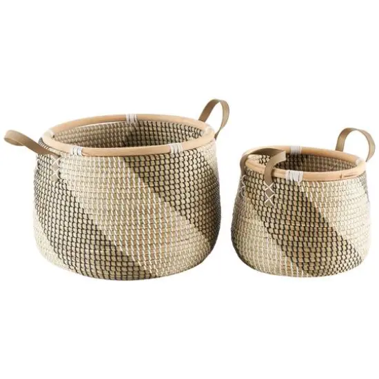 Brown Round Seagrass Handmade Striped Storage Basket Set {1}