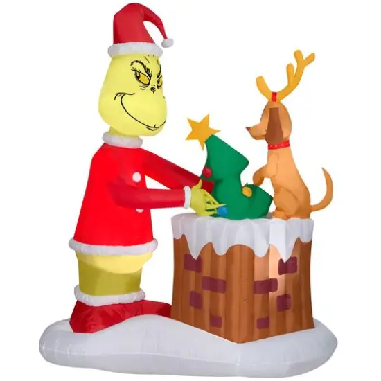 6.5ft. Animated Airblown&reg; Inflatable Christmas Grinch Pulling Tree from Chimney {4}
