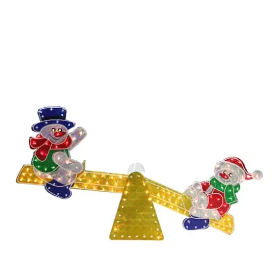 4ft. Yellow & Red Pre-Lit Holographic Snowmen on Seesaw {1}