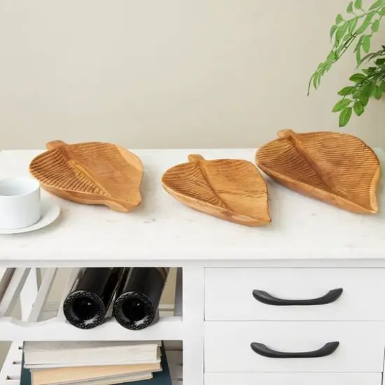Brown Teak Wood Leaf Handmade Carved Texture Tray Set {9}