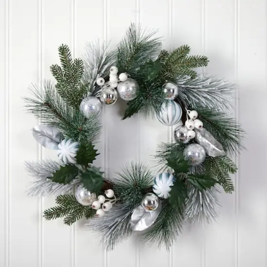 24" Pinecones & Berries Christmas Wreath with Silver Ornaments {4}