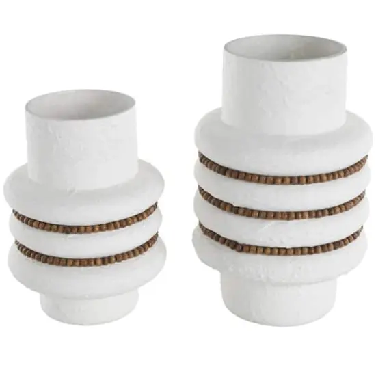 White Glass Textured Decorative Vase with Brown Wood Beaded Stripes Set {1}