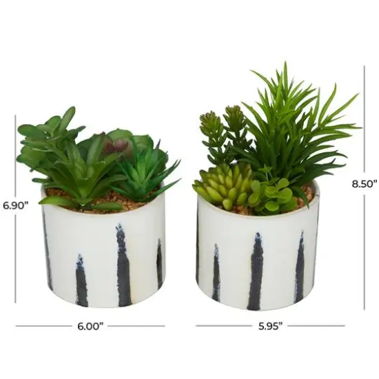 Green Faux Foliage Succulent in Patterned Porcelain Pot Set {7}