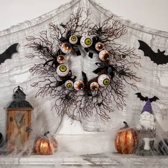 24'' Unlit Eyeballs and Spiders Halloween Twig Wreath {3}