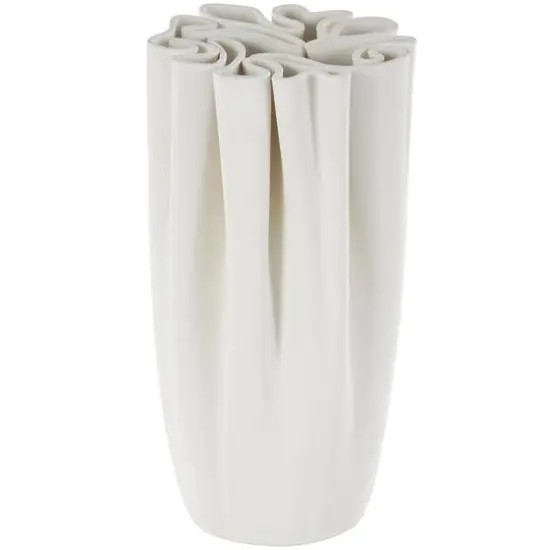White Ceramic Abstract Ribbed Dimensional Folded Vase with Compact Wavy Rim {1}
