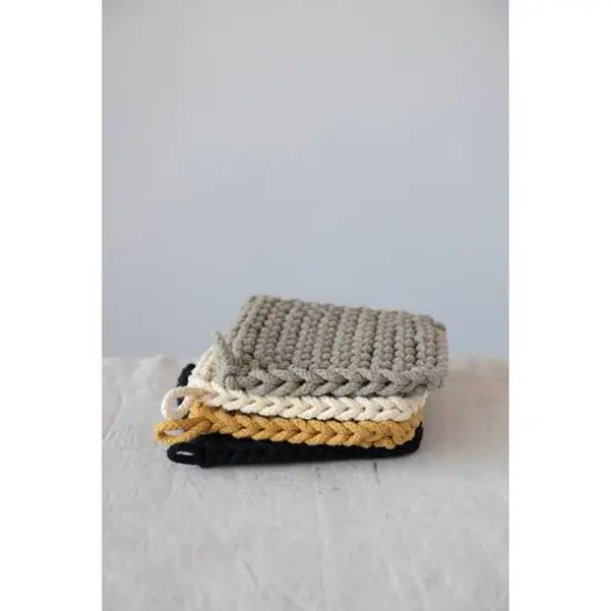 Hello Honey® 8" Black, Gray, Cream & Yellow Square Cotton Crocheted Pot Holder Set {3}