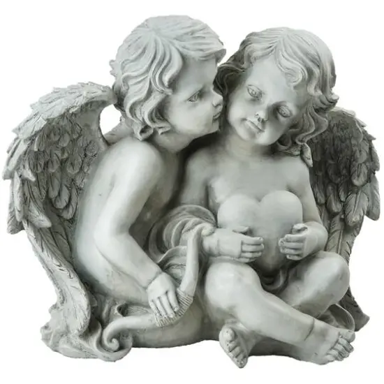 16.25" Gray Sitting Cherub Angels Holding a Heart & Bow Outdoor Statue {1}