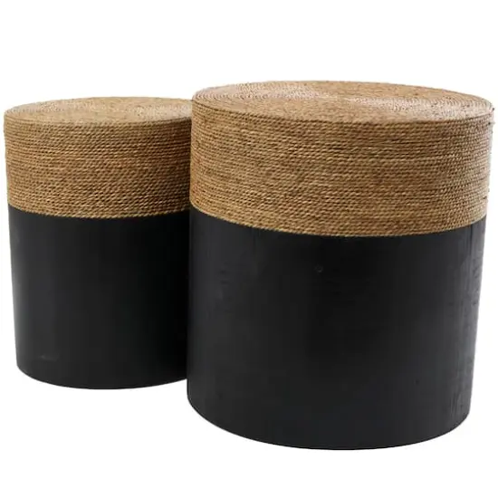 Black Wood Handmade Colorblock Wrapped Accent Table with Dried Plant Tabletops Set {3}
