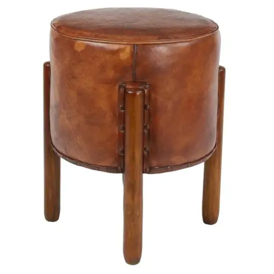 20" Brown Leather & Teak Traditional Stool {3}