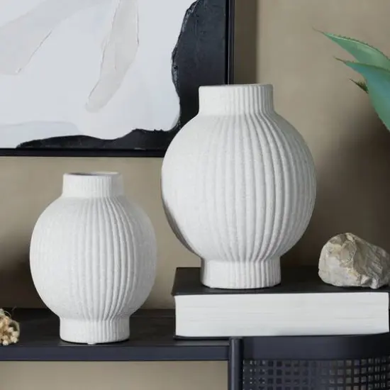 CosmoLiving by Cosmopolitan White Ceramic Ribbed Vase Set of 2 11", 9" {7}