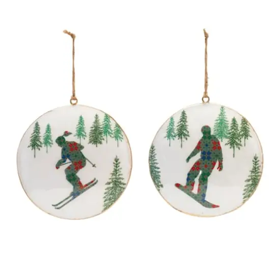 6" Ski & Snowboard Forest Metal Disc Ornaments Set {3}
