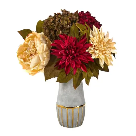 17" Peony, Hydrangea & Dahlia Arrangement in Stoneware Vase with Gold Trimming {1}