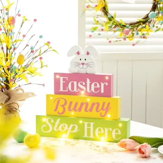 Glitzhome&reg; 12" Easter LED Lighted Wooden Bunny Block Word Sign {4}