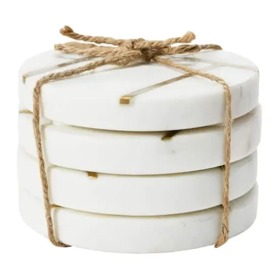 Hello Honey&reg; White Round Marble Coaster Set with Brass Inlay {6}