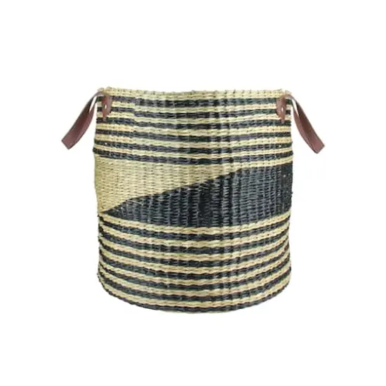 15.5" Beige & Black Woven Seagrass Basket with Handles {1}