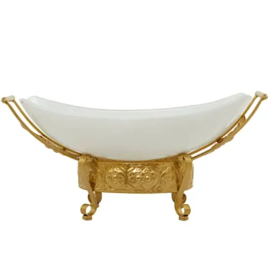 CosmoLiving by Cosmopolitan 24" White Glass Kitchen Serving Bowl with Gold Metal Scroll Stand {8}