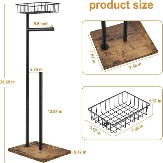 Black Freestanding Toilet Paper Holder Stand with Basket {6}