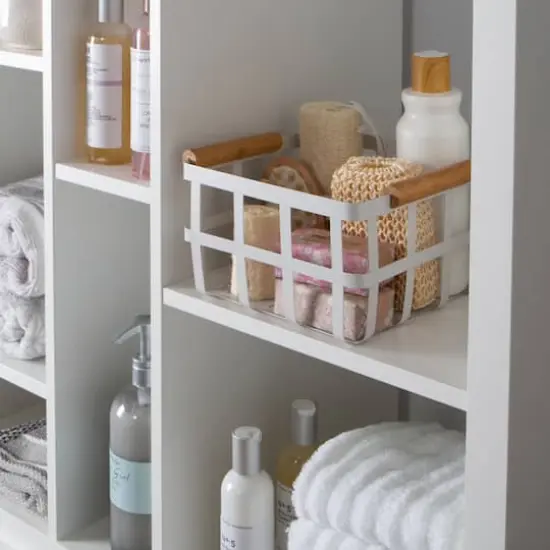 Simplify Small Square White Metal Basket with Bamboo Handles {4}