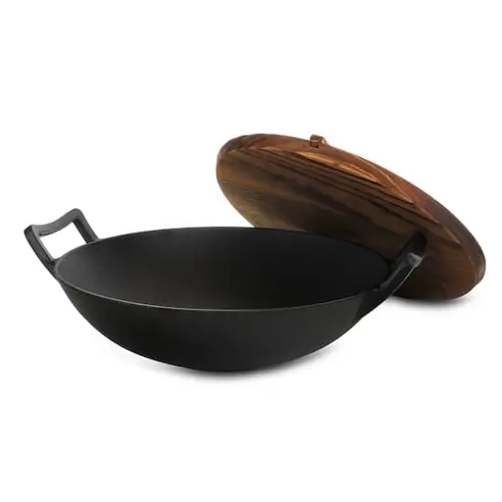 General Store Addlestone 14" Heavy Duty Cast Iron Wok with Wood Lid {1}