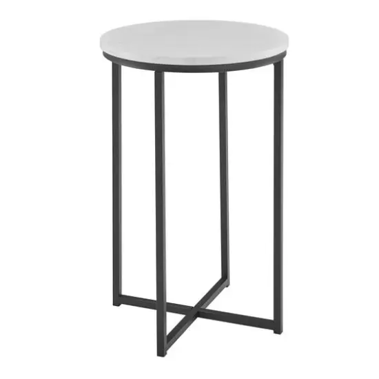 Walker Edison 16" Glam Round Side Table Faux White Marble/Black {1}