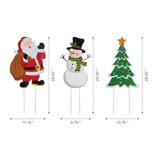 Glitzhome&reg; 2ft. Metal Santa, Snowman & Tree Yard Stake Set {8}