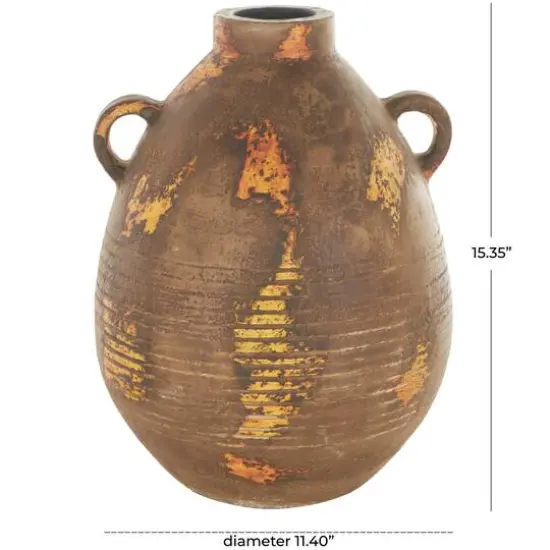15.25" Brown Ceramic Antique Style Distressed Vase with Grooves & Handles {8}