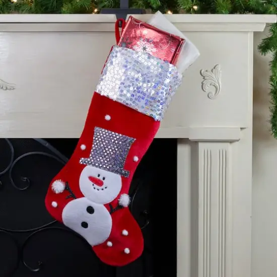 20.5" Red Snowman Christmas Stocking with Sequined Cuff {4}