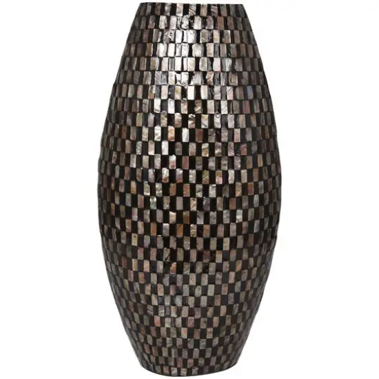 24" Black Mother of Pearl Handmade Geometric Mosaic Inspired Thin Vase {10}