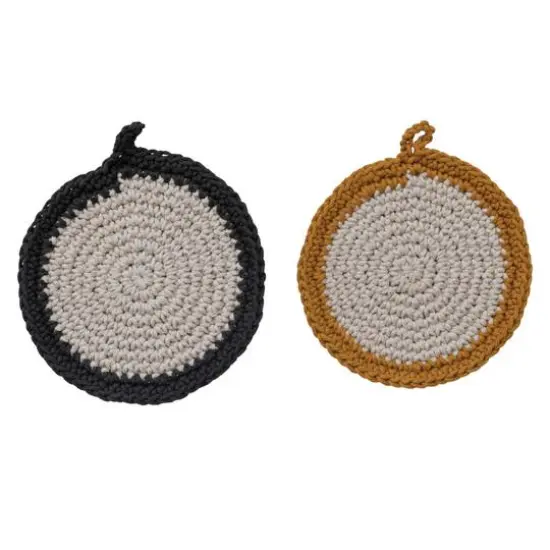 Hello Honey&reg; 8" Brown Accented Round Cotton Crocheted Pot Holder Set {1}