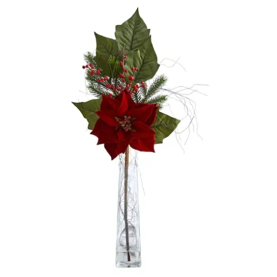 32" Poinsettia, Berries & Pine Arrangement in Glass Vase {1}