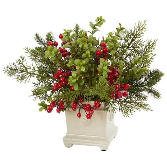 12" Potted Holiday Berry & Pine Artificial Arrangement {1}