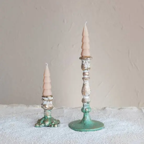 Hello Honey&reg; 4" Green, Gold & Cream Distressed Cast Metal Taper Candleholder {3}