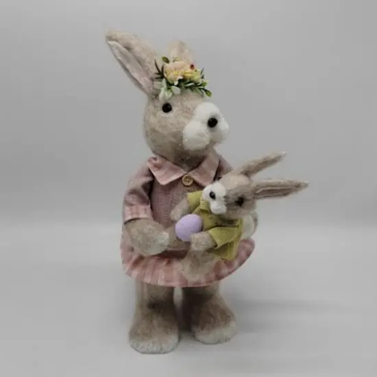 14.5" Brown & Rose Pink Mother Rabbit with Baby Bunny Easter Figure {3}