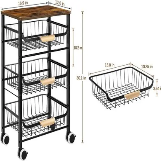 Black Fruit Storage Basket Kitchen Rolling Cart {4}