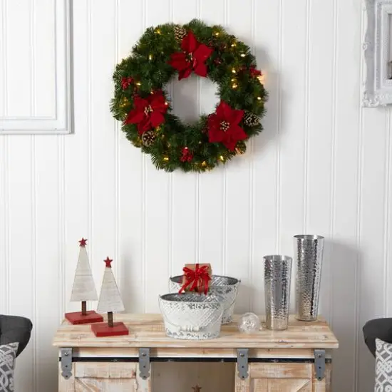 24" White LED Lights Poinsettia, Berry & Pinecone Artificial Wreath {7}