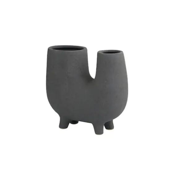 8" Dark Gray Ceramic U-Shaped Abstract Vase with Small Feet {1}