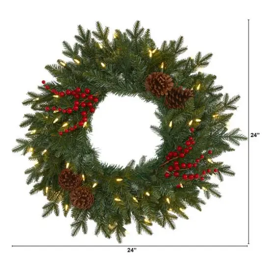 24" LED Green Pine Christmas Wreath with Berries & Pinecones {3}