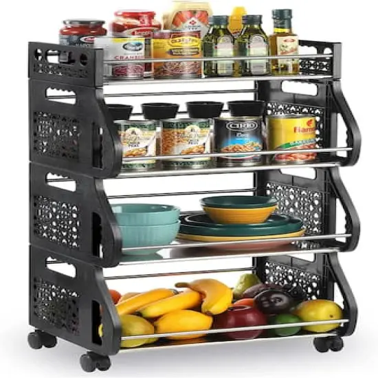Black 4-Tier Rolling Stackable Fruit Basket Utility Cart {1}