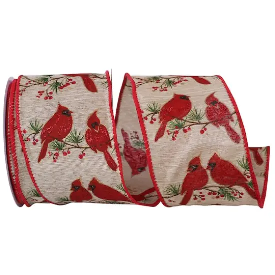 JAM Paper 2.5" x 10yd. Red Cardinals Wood Grain Natural Wired Ribbon {1}