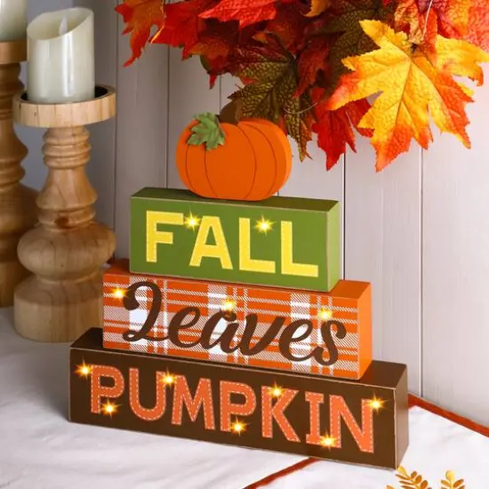 Glitzhome&reg; 12" LED Lighted Fall Wooden Block Word Sign {3}