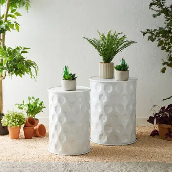 Glitzhome&reg; Multifunctional Embossed Honeycomb Texture Metal Garden Stool Set White {5}