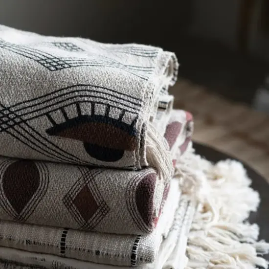 Hello Honey&reg; Recycled Cotton Blend Printed Throw Blanket with Eye Pattern and Fringe, Cream and Brown {4}