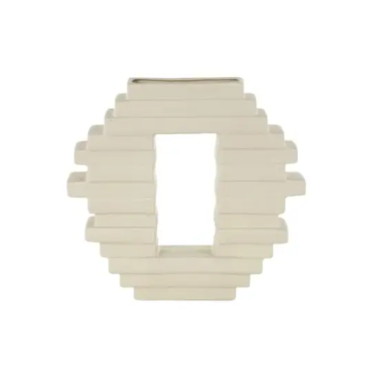 13" Cream Ceramic Abstract Decorative Vase with Rectangular Center Cutout {3}