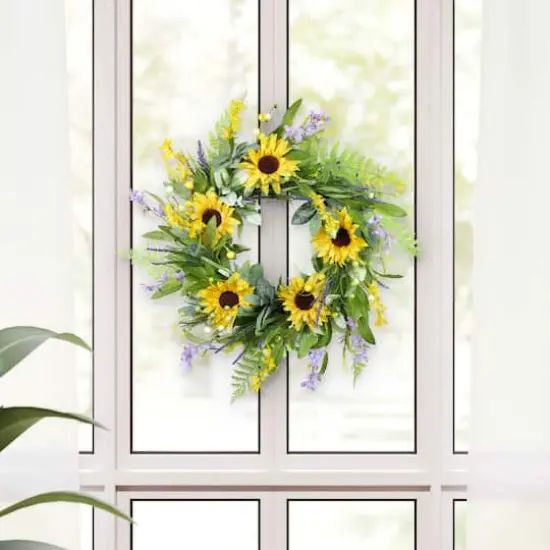 26" Artificial Sunflower Lavender Winter Jasmine Floral Spring Wreath {3}