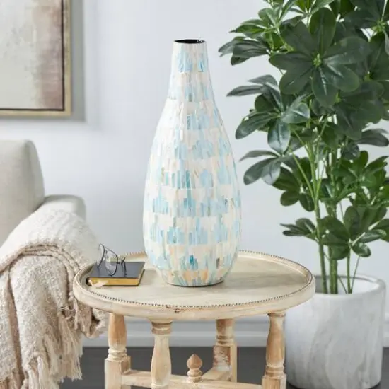 21" White Mother of Pearl Handmade Mosaic Inspired Vase with Pastel Blue and Pink Accents {11}
