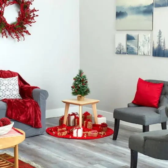 18" Pre-Lit Mixed Pine Artificial Christmas Tree with Holly Berries & Pinecones, Clear LED Lights {8}