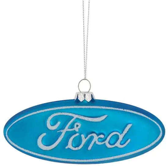 5" Glittered Blue & White Ford Logo Glass Ornament {1}