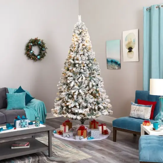 8ft. Pre-Lit Flocked Rock Springs Spruce Artificial Christmas Tree with Clear LED Lights {3}