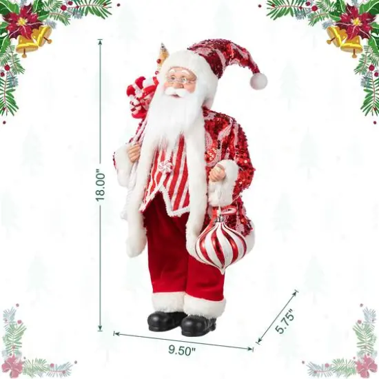 Glitzhome&reg; 18"H Faux Fur Christmas Peppermint Santa Figurine {9}