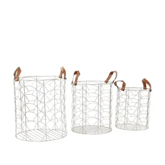 CosmoLiving by Cosmopolitan Silver Metal Storage Basket with Faux Leather Handles Set of 3 16", 14", 12" {3}